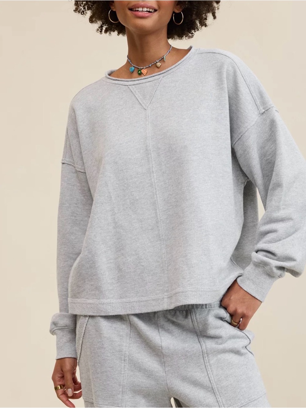 Aerie Vacay Crewneck Sweatshirt Gray Oversized Boxy Ribbed Textured Fleece Comfy